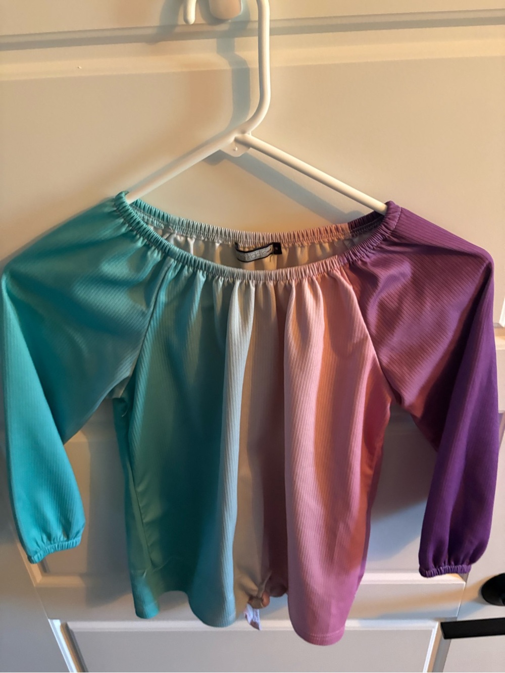 Girls Rainbow Ombre Off-Shoulder Top - Teal, White, Pink, Purple
